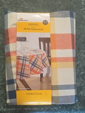 Celebrate! Harvest Plaid PEVA Round Tablecloth in Orange, Yellow & Blue